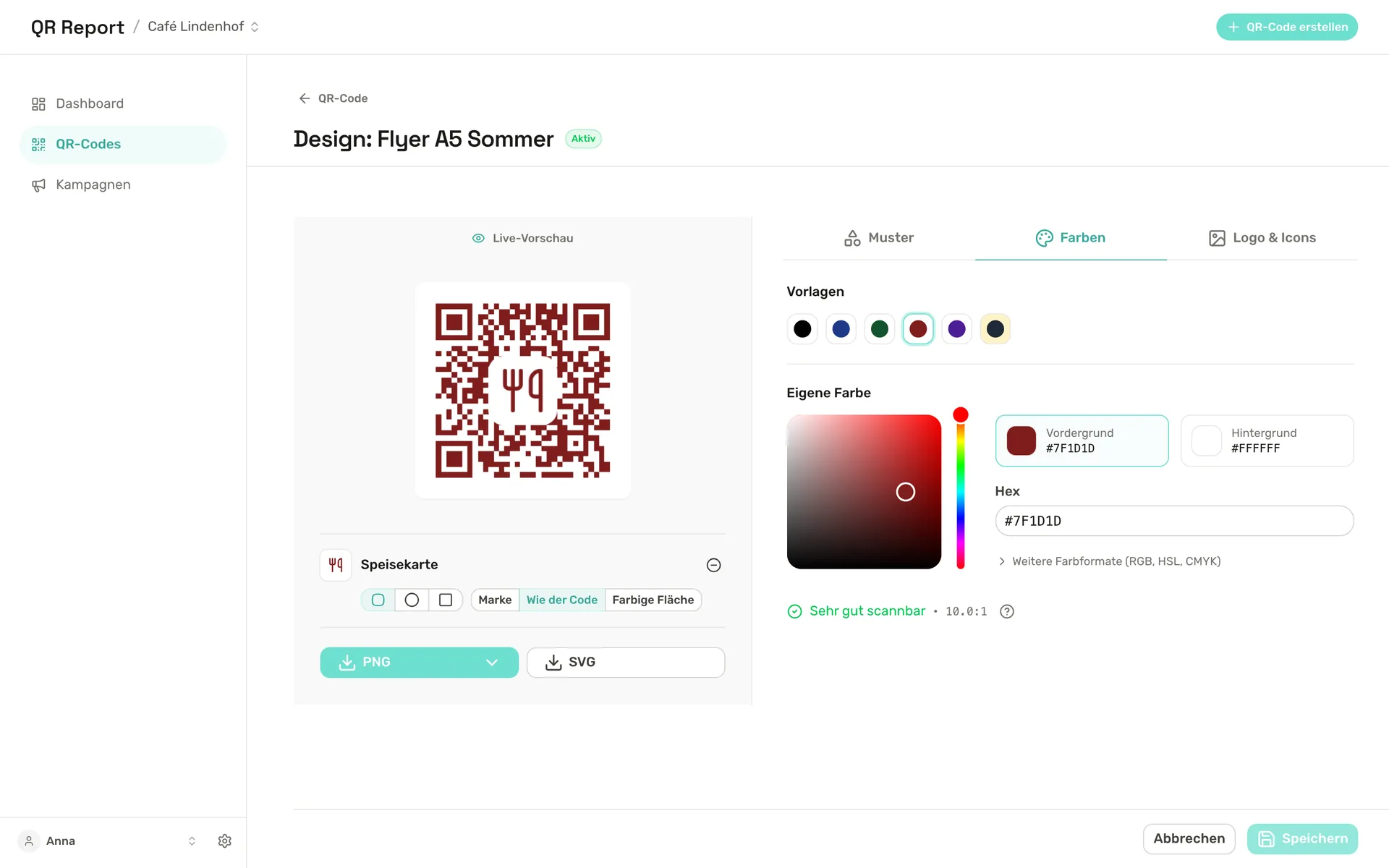 Design-Editor von QR Report mit Live-Vorschau eines QR-Codes mit Icon in der Mitte